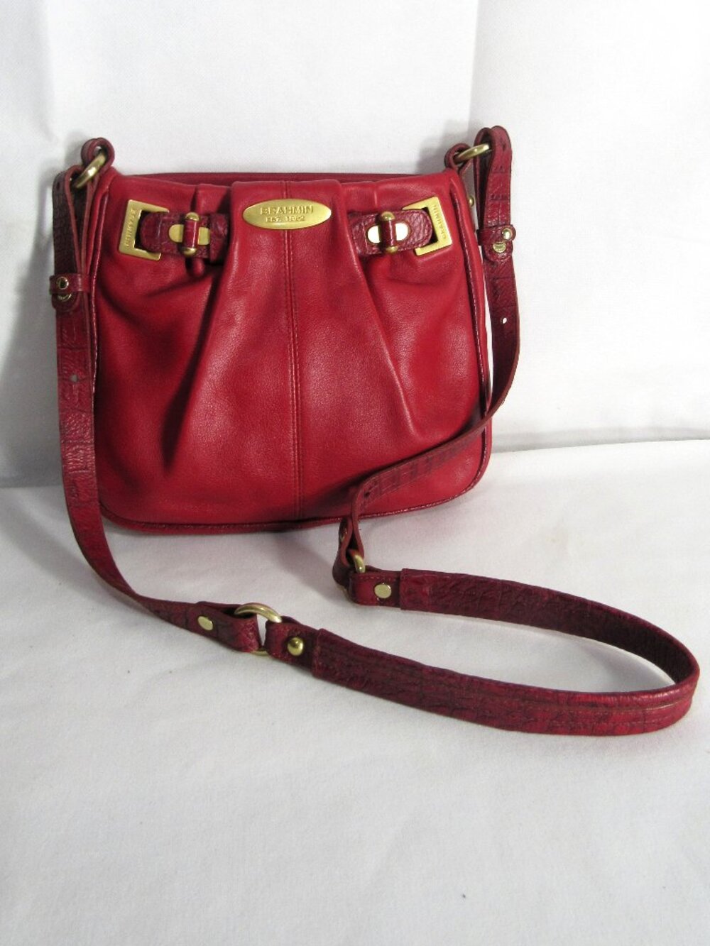 BRAHMIN RED LEATHER PLEAT FRONT SHOULDER BAG CROC EMBOSSED STRAP + PIPING